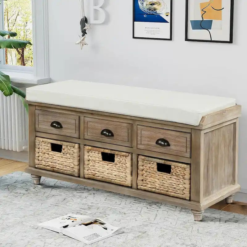 Farmhouse Style Storage Bench with Removable Seat Cushion