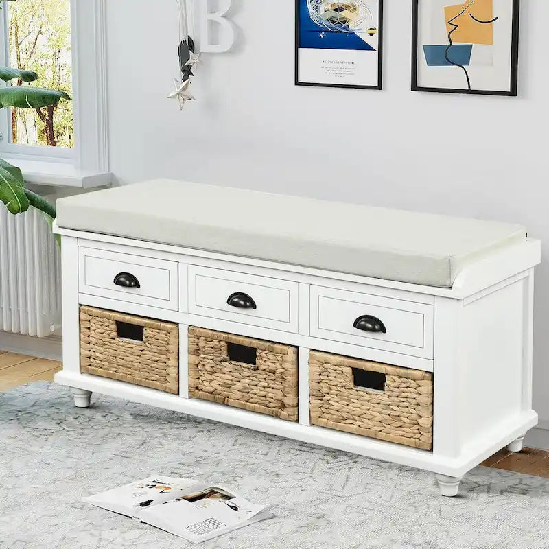 Farmhouse Style Storage Bench with Removable Seat Cushion