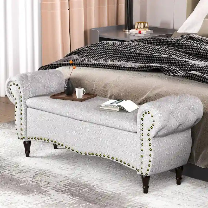 Tufted Storage Ottoman Bench with Rolled Arms and Nailhead Trim