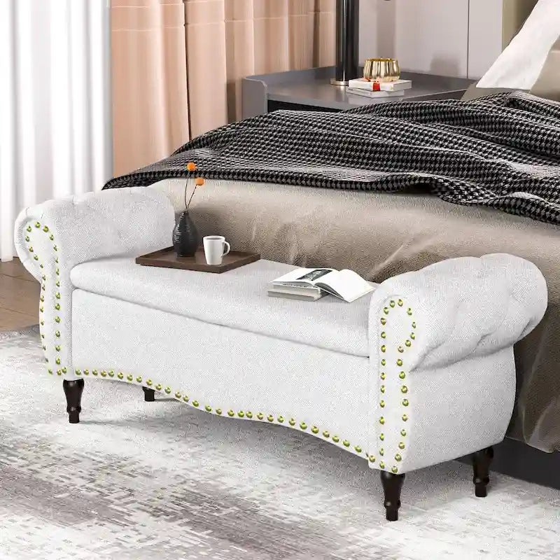 Tufted Storage Ottoman Bench with Rolled Arms and Nailhead Trim