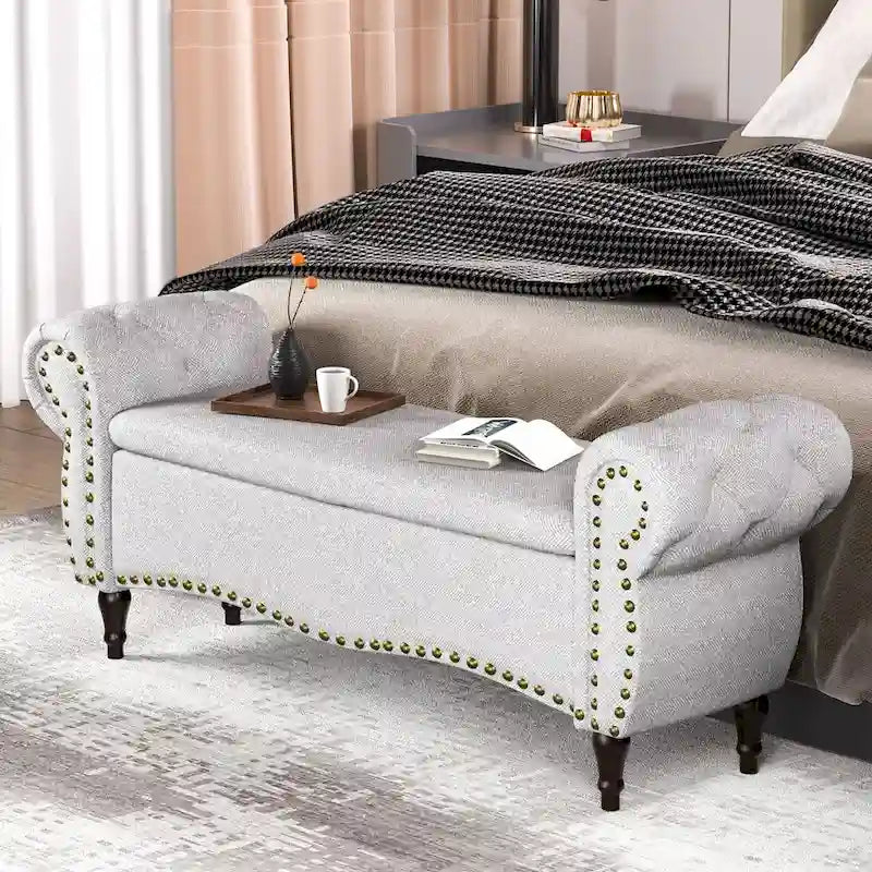 Tufted Storage Ottoman Bench with Rolled Arms and Nailhead Trim