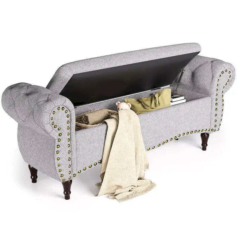 Tufted Storage Ottoman Bench with Rolled Arms and Nailhead Trim
