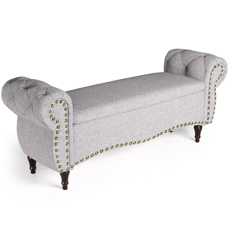 Tufted Storage Ottoman Bench with Rolled Arms and Nailhead Trim