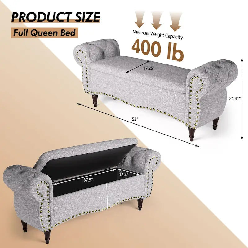 Tufted Storage Ottoman Bench with Rolled Arms and Nailhead Trim