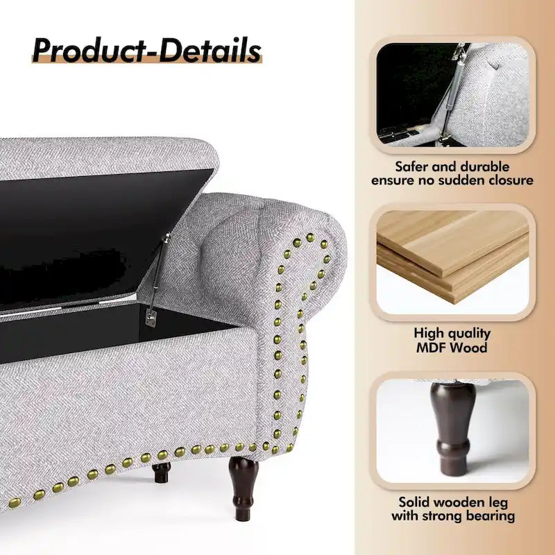Tufted Storage Ottoman Bench with Rolled Arms and Nailhead Trim