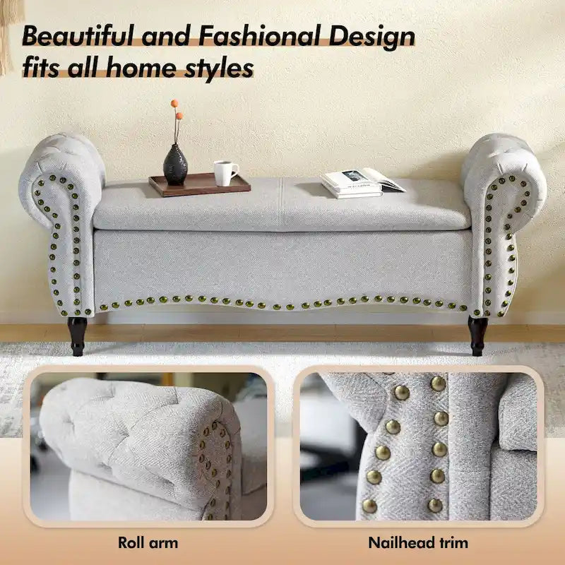 Tufted Storage Ottoman Bench with Rolled Arms and Nailhead Trim