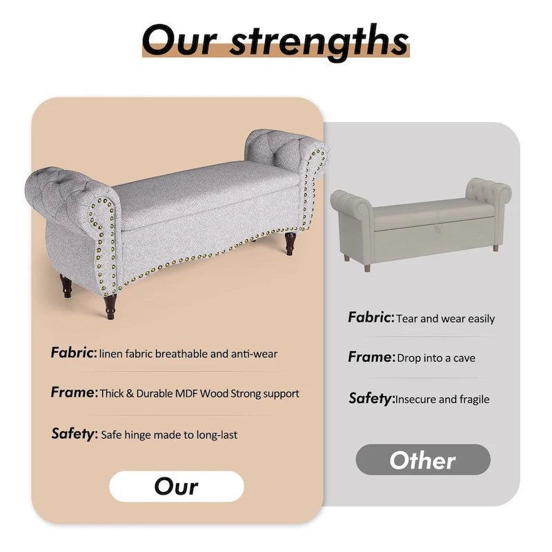 Tufted Storage Ottoman Bench with Rolled Arms and Nailhead Trim