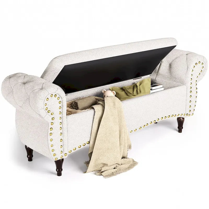 Tufted Storage Ottoman Bench with Rolled Arms and Nailhead Trim