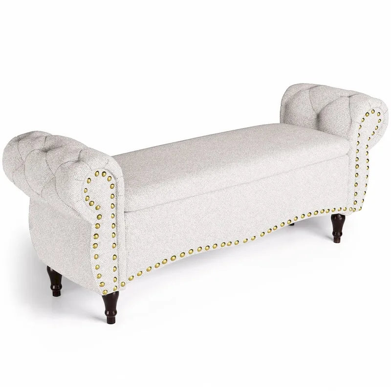 Tufted Storage Ottoman Bench with Rolled Arms and Nailhead Trim