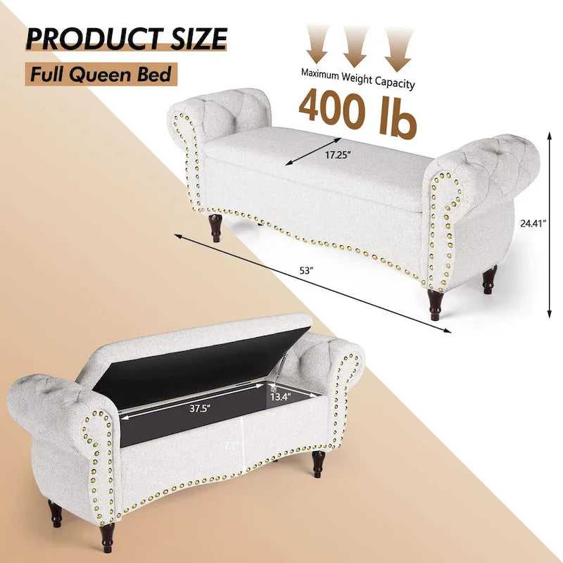 Tufted Storage Ottoman Bench with Rolled Arms and Nailhead Trim