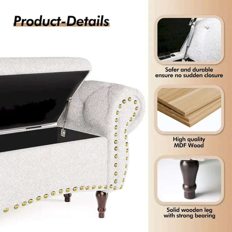 Tufted Storage Ottoman Bench with Rolled Arms and Nailhead Trim