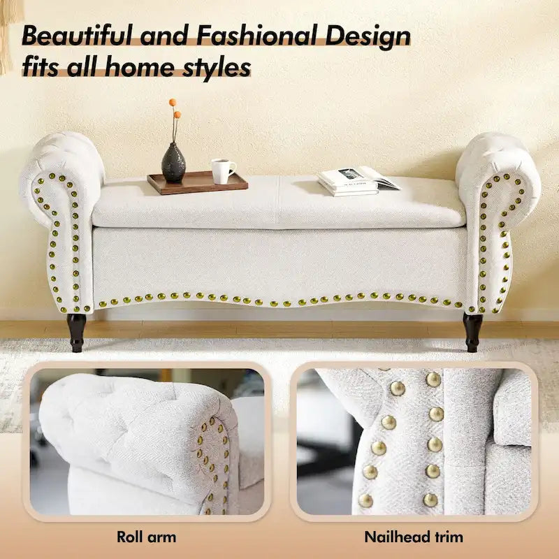 Tufted Storage Ottoman Bench with Rolled Arms and Nailhead Trim