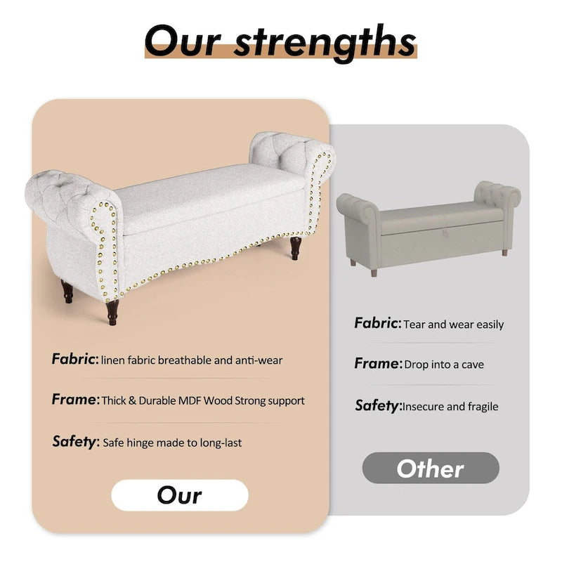 Tufted Storage Ottoman Bench with Rolled Arms and Nailhead Trim