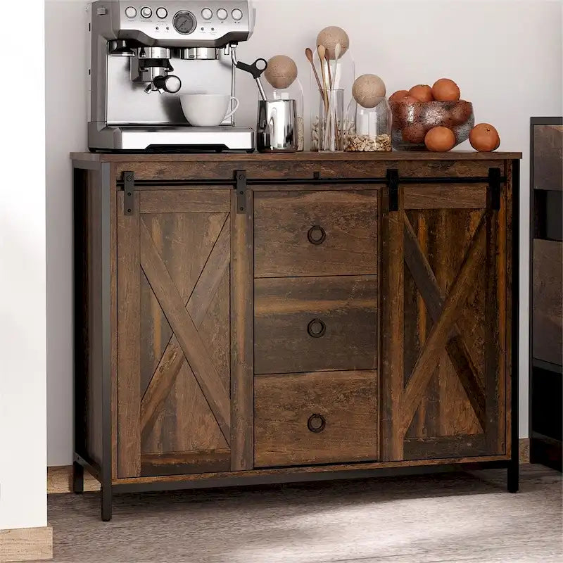 Kitchen Buffet Cabinet with Sliding Barn Doors and Adjustable Shelves