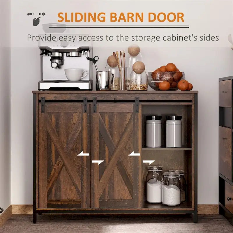 Kitchen Buffet Cabinet with Sliding Barn Doors and Adjustable Shelves