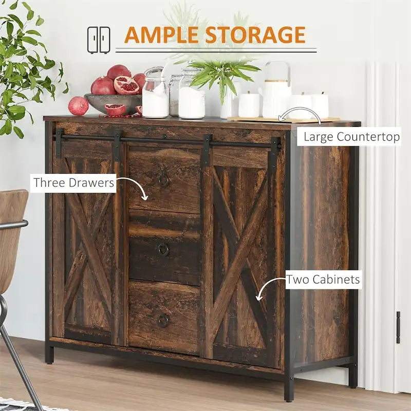 Kitchen Buffet Cabinet with Sliding Barn Doors and Adjustable Shelves