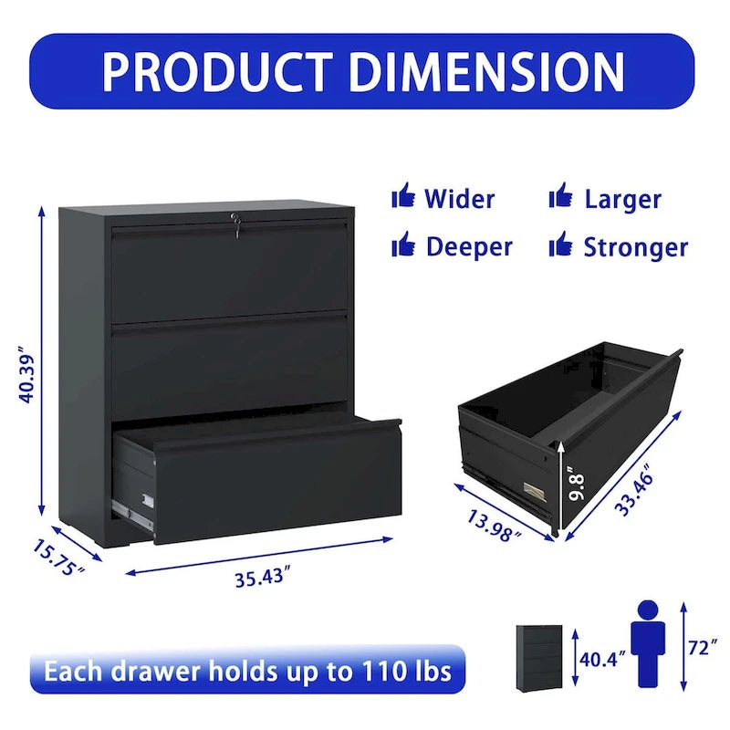 3-Drawer Metal Filing Cabinet with Lock