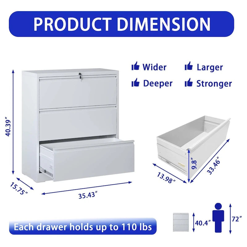 3-Drawer Metal Filing Cabinet with Lock