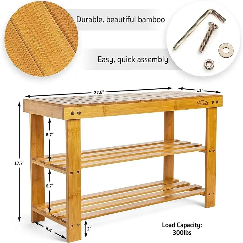 3-Tier Shoe Rack with Bench - 11D x 27.6W x 17.7H
