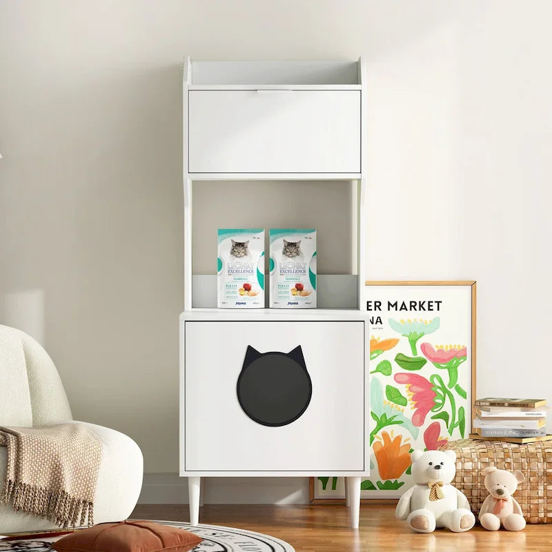 Hidden Cat Litter Box Enclosure with Shelves & Doors
