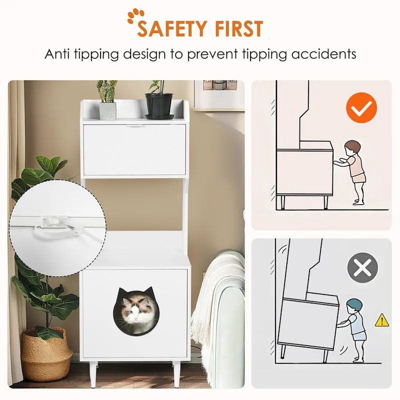 Hidden Cat Litter Box Enclosure with Shelves & Doors