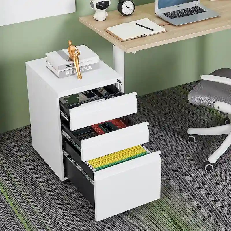 3-Drawer Mobile Filing Cabinet with Lock, Anti-Tilt Wheels, Rolling Locking Office Cabinet Under Desk