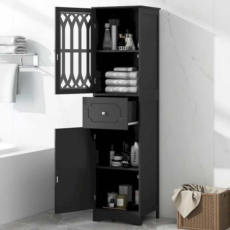 Tall Bathroom Cabinet, Freestanding Storage Cabinet with Drawer and Doors, Black