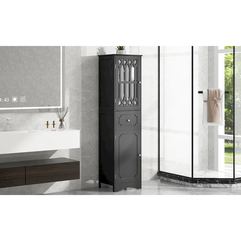 Tall Bathroom Cabinet, Freestanding Storage Cabinet with Drawer and Doors, Black