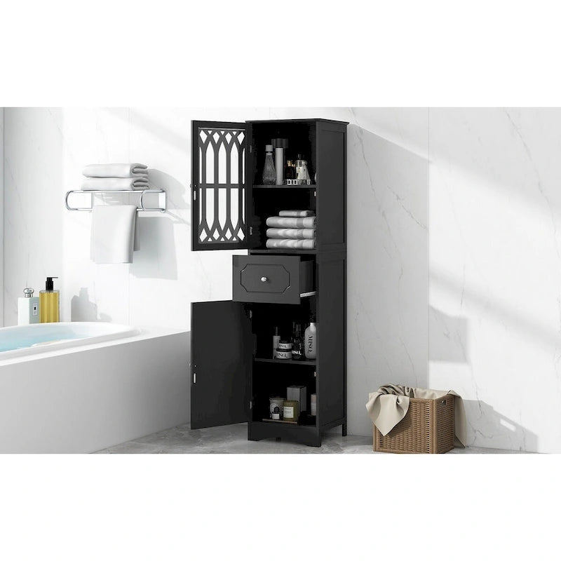 Tall Bathroom Cabinet, Freestanding Storage Cabinet with Drawer and Doors, Black
