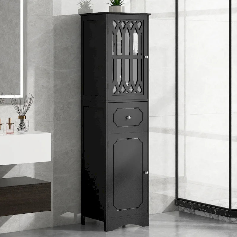 Tall Bathroom Cabinet, Freestanding Storage Cabinet with Drawer and Doors, Black