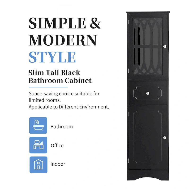 Tall Bathroom Cabinet, Freestanding Storage Cabinet with Drawer and Doors, Black