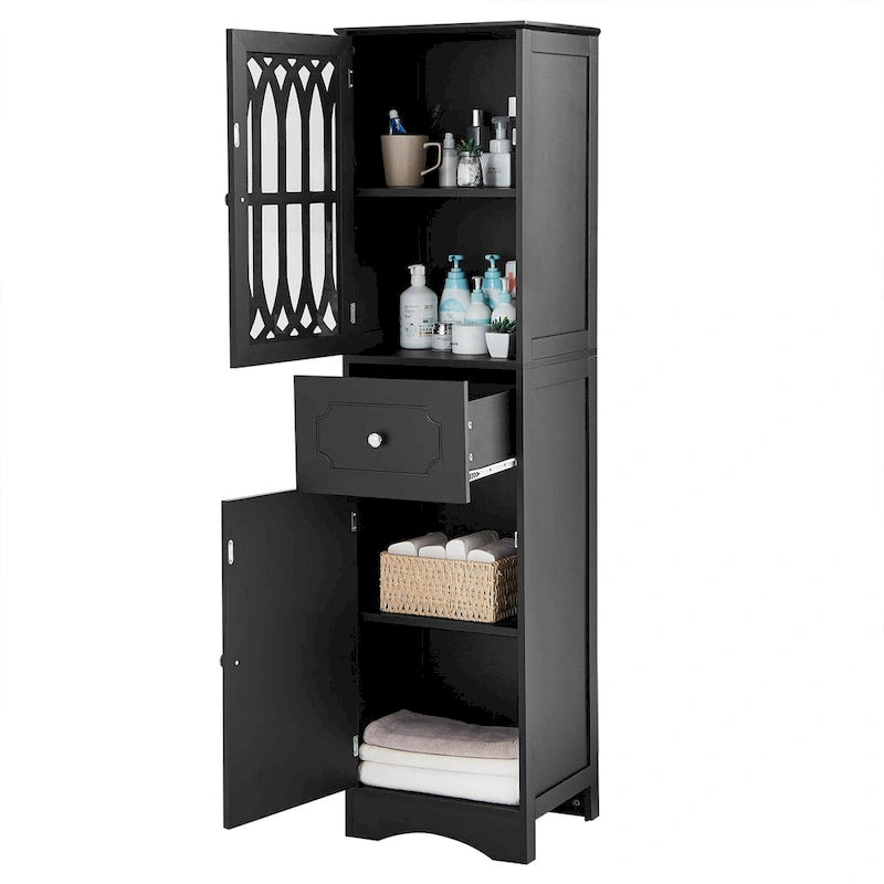 Tall Bathroom Cabinet, Freestanding Storage Cabinet with Drawer and Doors, Black