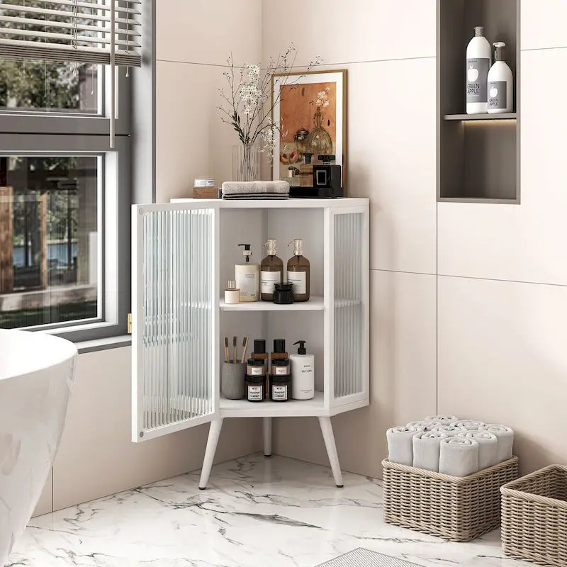 Floor Corner Linen Cabinet with Tempered Glass Door, 22.25 in. W x 16.54 in. D x 31.5 in. H