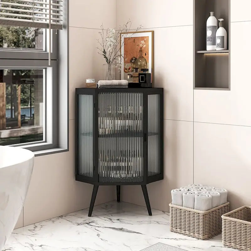 Floor Corner Linen Cabinet with Tempered Glass Door, 22.25 in. W x 16.54 in. D x 31.5 in. H