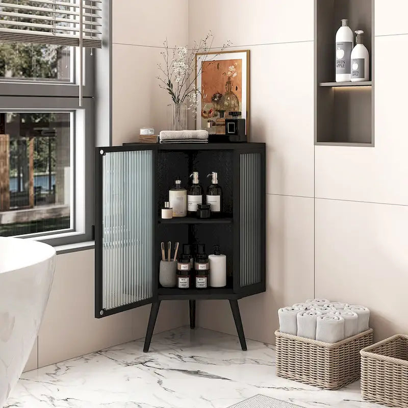 Floor Corner Linen Cabinet with Tempered Glass Door, 22.25 in. W x 16.54 in. D x 31.5 in. H