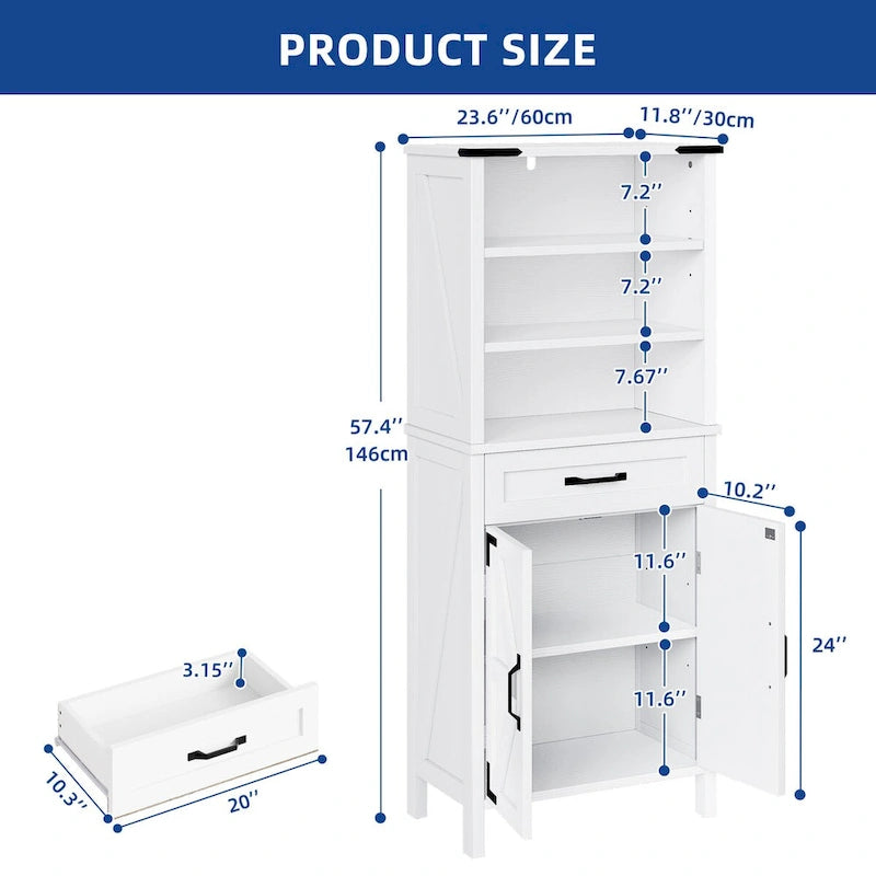 58" Tall Bathroom Storage Cabinet with Doors and Shelves