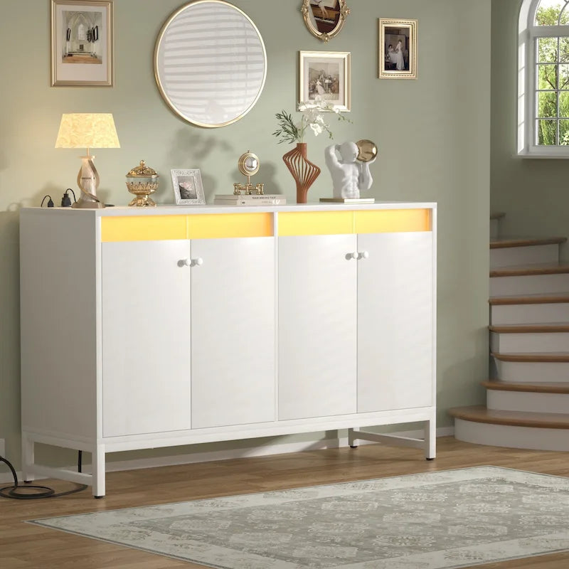4-Door Accent Cabinet with Power Outlet, LED Light & Buffet Storage
