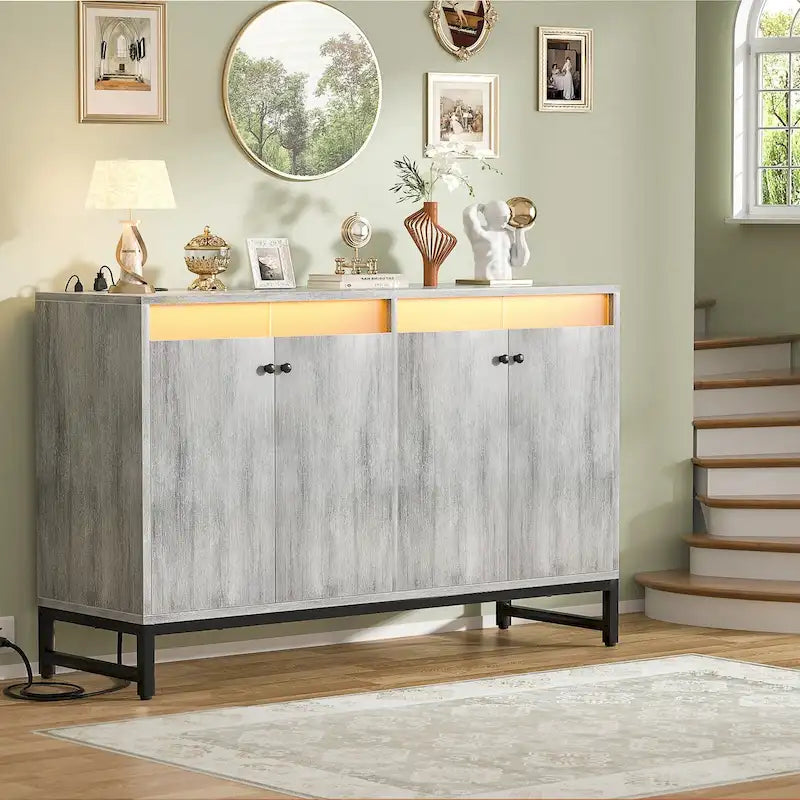 4-Door Accent Cabinet with Power Outlet, LED Light & Buffet Storage