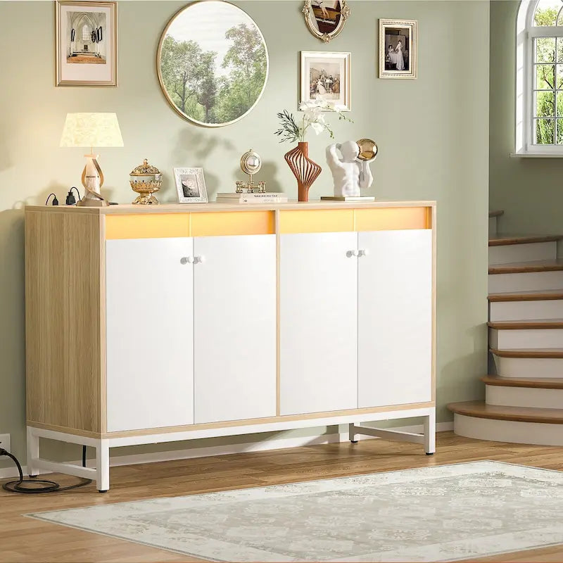 4-Door Accent Cabinet with Power Outlet, LED Light & Buffet Storage