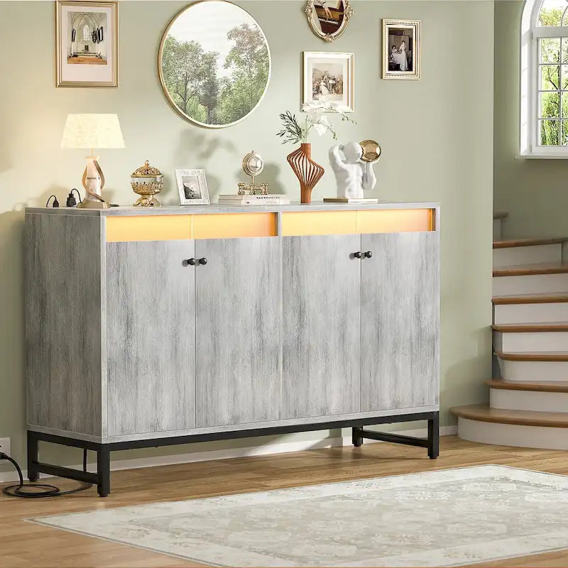 4-Door Accent Cabinet with Power Outlet, LED Light & Buffet Storage