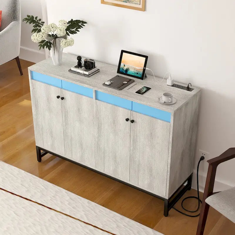 4-Door Accent Cabinet with Power Outlet, LED Light & Buffet Storage