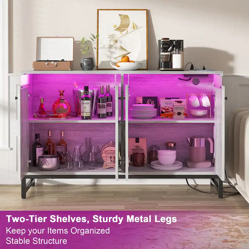 4-Door Accent Cabinet with Power Outlet, LED Light & Buffet Storage