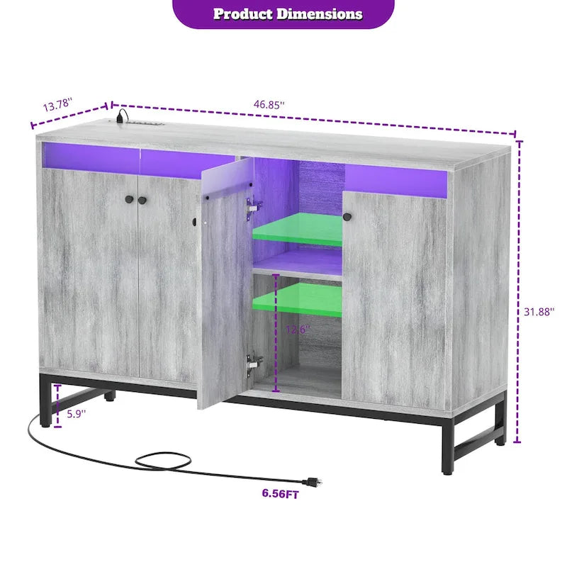 4-Door Accent Cabinet with Power Outlet, LED Light & Buffet Storage