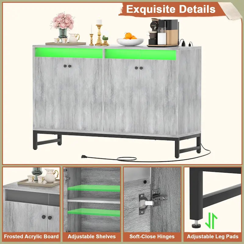 Meuble d’appoint à 4 portes avec prise électrique, éclairage LED et rangement type buffet