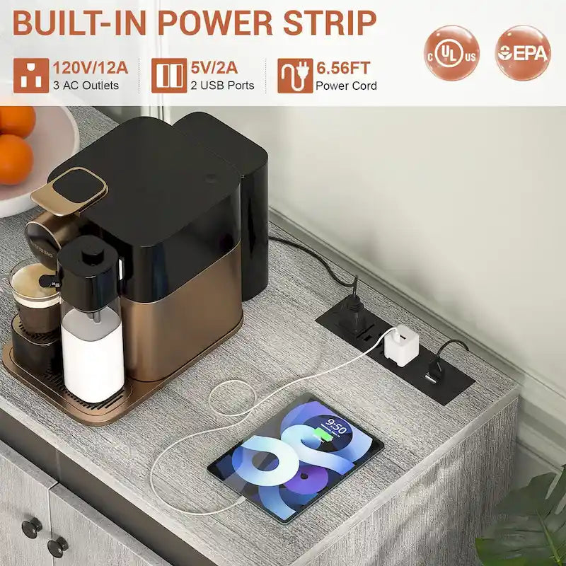Meuble d’appoint à 4 portes avec prise électrique, éclairage LED et rangement type buffet