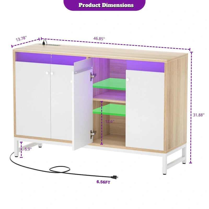 Meuble d’appoint à 4 portes avec prise électrique, éclairage LED et rangement type buffet