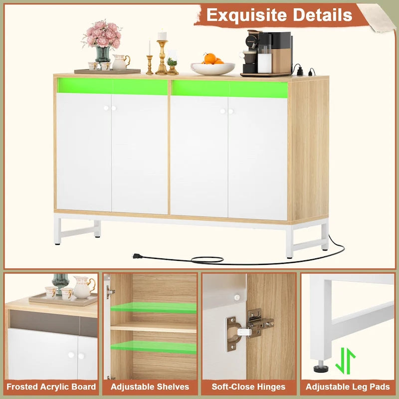 Meuble d’appoint à 4 portes avec prise électrique, éclairage LED et rangement type buffet