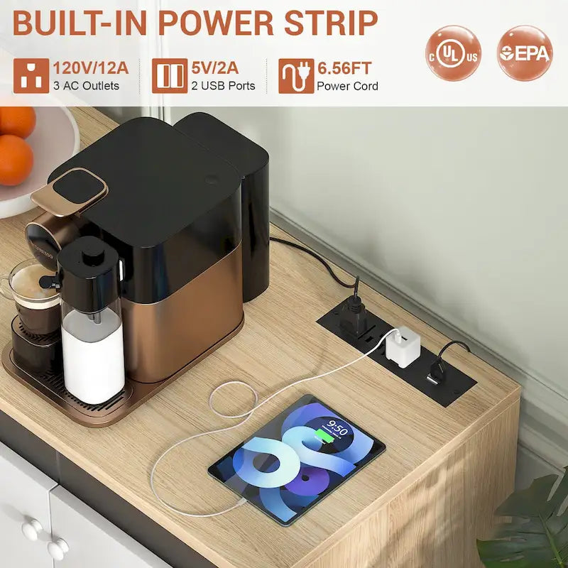 Meuble d’appoint à 4 portes avec prise électrique, éclairage LED et rangement type buffet