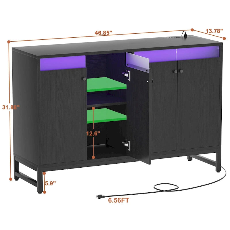 Meuble d’appoint à 4 portes avec prise électrique, éclairage LED et rangement type buffet