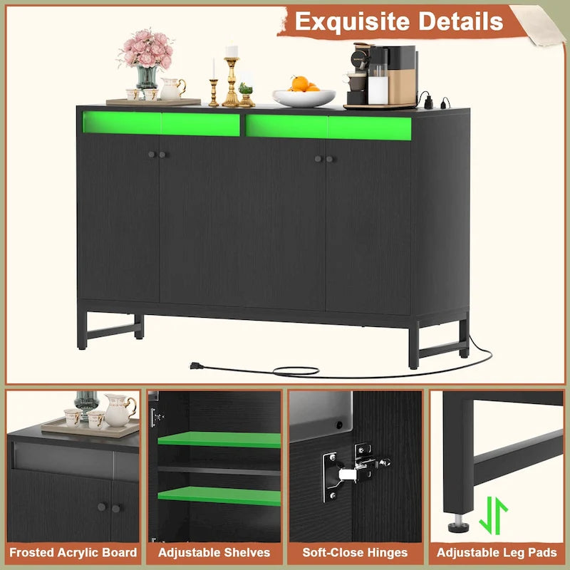 Meuble d’appoint à 4 portes avec prise électrique, éclairage LED et rangement type buffet